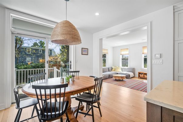 Dining room, Interior, Living room, Pendant Lights, Recessed Lighting, Wood Texture Flooring