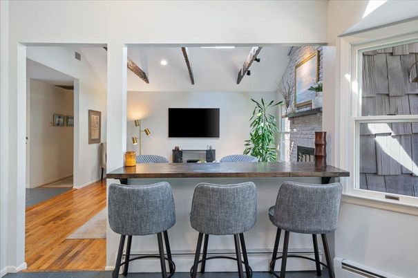 Fireplace, Interior, Recessed Lighting, Wooden Beams, Wood Texture Flooring