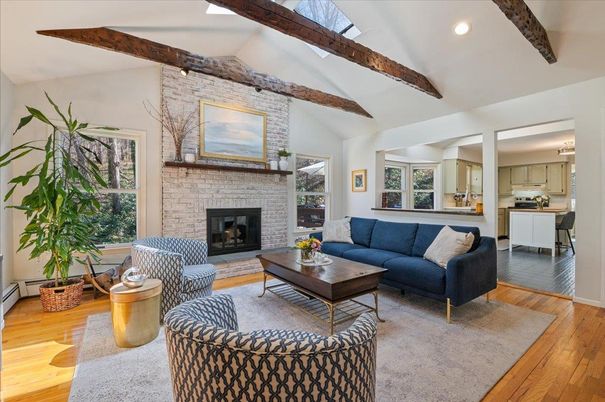 Fireplace, Interior, Kitchen, Living room, Recessed Lighting, Stone Walls, Wooden Beams, Wood Texture Flooring