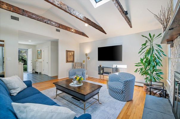 Fireplace, Interior, Living room, Recessed Lighting, Wooden Beams, Wood Texture Flooring