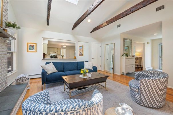 Fireplace, Interior, Kitchen, Living room, Recessed Lighting, Stainless Steel Appliances, Stone Walls, Wooden Beams, Wood Texture Flooring