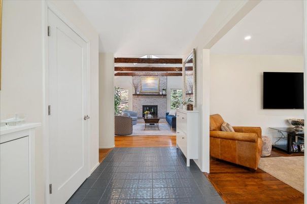 Fireplace, Interior, Living room, Recessed Lighting, Wooden Beams, Wood Texture Flooring