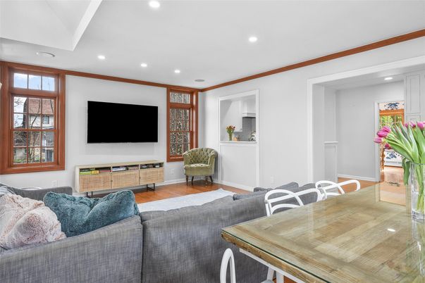 Dining room, Interior, Living room, Recessed Lighting, Wood Texture Flooring