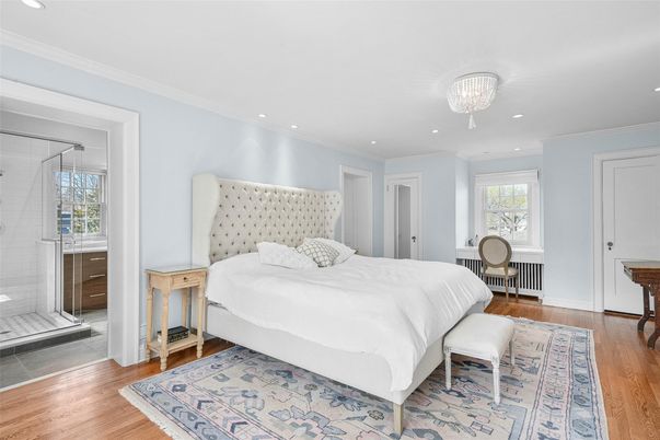 Bedroom, Chandelier, Interior, Recessed Lighting, Wood Texture Flooring