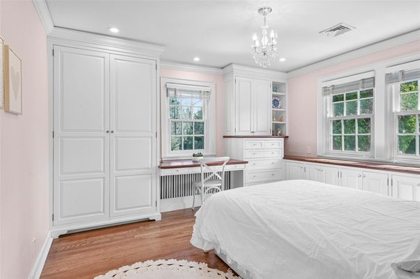 Bedroom, Chandelier, Home Office, Interior, Recessed Lighting, Wood Texture Flooring