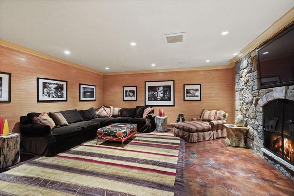 Fireplace, Interior, Living room, Recessed Lighting, Stone Walls