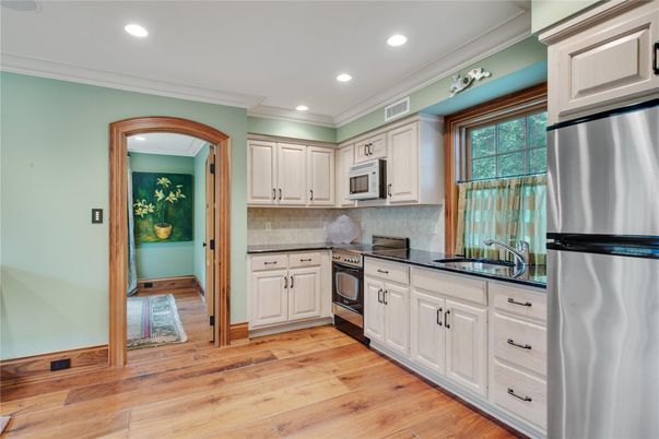 Interior, Kitchen, Recessed Lighting, Stainless Steel Appliances, Wood Texture Flooring