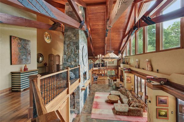 Chandelier, Fireplace, Interior, Stone Walls, Wooden Beams, Wood Texture Flooring