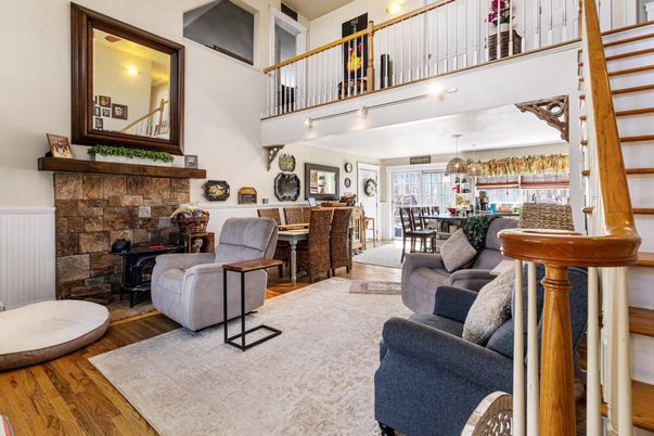 Dining room, Fireplace, Interior, Living room, Pendant Lights, Wood Texture Flooring