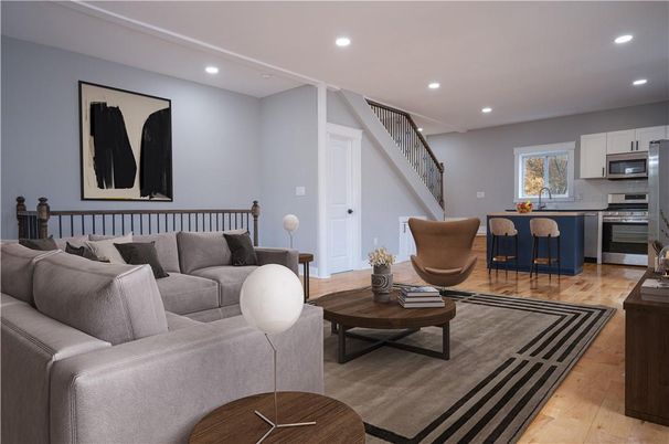 Interior, Kitchen, Living room, Recessed Lighting, Stainless Steel Appliances, Wood Texture Flooring