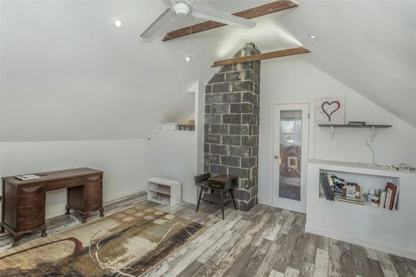Fireplace, Interior, Recessed Lighting, Stone Walls, Wooden Beams, Wood Texture Flooring