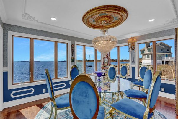 Chandelier, Dining room, Interior, Recessed Lighting, Water, Wood Texture Flooring