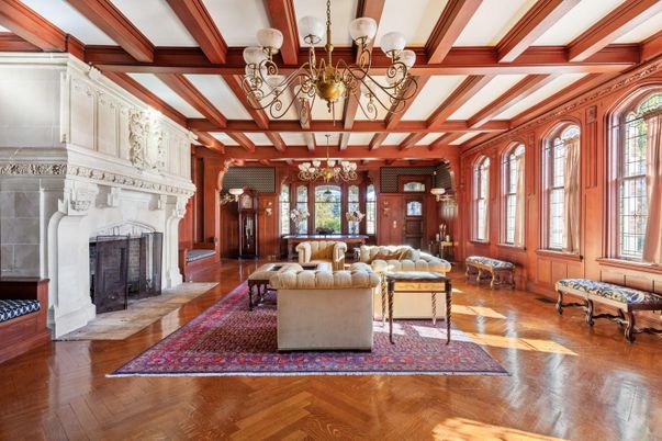 Chandelier, Fireplace, Interior, Living room, Wooden Beams, Wood Texture Flooring
