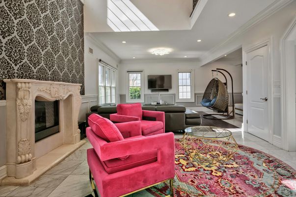 Fireplace, Interior, Living room, Marble, Recessed Lighting