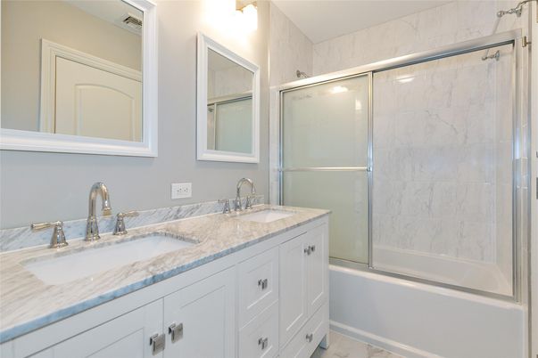 Bathroom, Dual Sink Vanities, Glass Shower, Interior, Marble, Marble Walls