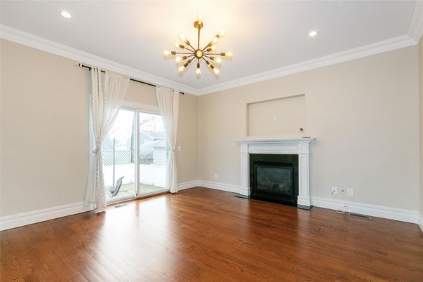 Empty room, Fireplace, Interior, Pendant Lights, Recessed Lighting, Wood Texture Flooring