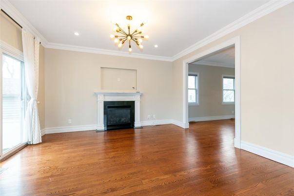 Empty room, Fireplace, Interior, Pendant Lights, Recessed Lighting, Wood Texture Flooring