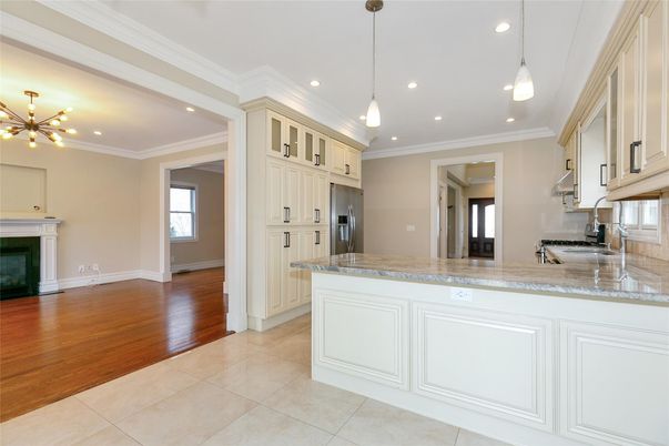 Fireplace, Interior, Kitchen, Pendant Lights, Recessed Lighting, Stainless Steel Appliances, Wood Texture Flooring