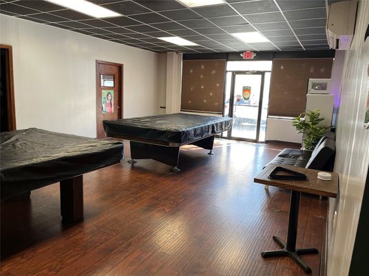 Billiard Table, Game Room, Interior, Recessed Lighting, Stone Walls, Wood Texture Flooring