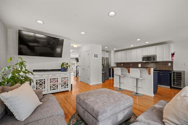 Interior, Kitchen, Living room, Recessed Lighting, Stainless Steel Appliances, Wood Texture Flooring