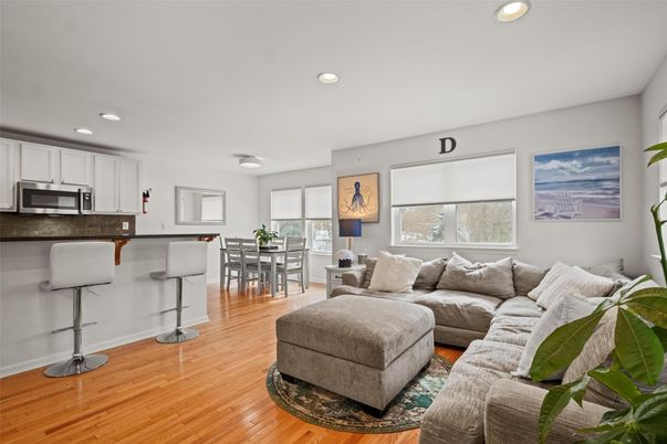Dining room, Interior, Kitchen, Living room, Recessed Lighting, Stainless Steel Appliances, Wood Texture Flooring