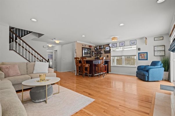 Dining room, Interior, Living room, Recessed Lighting, Wood Texture Flooring