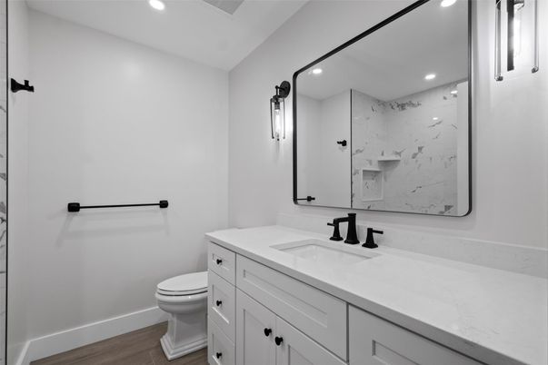 Bathroom, Interior, Marble Walls, Recessed Lighting, Wood Texture Flooring