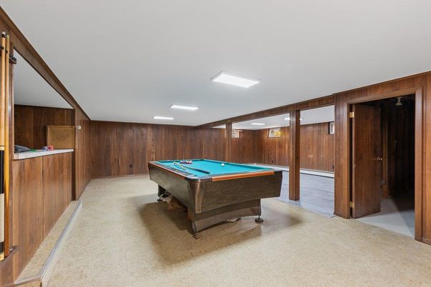 Billiard Table, Game Room, Interior, Recessed Lighting, Wooden Walls