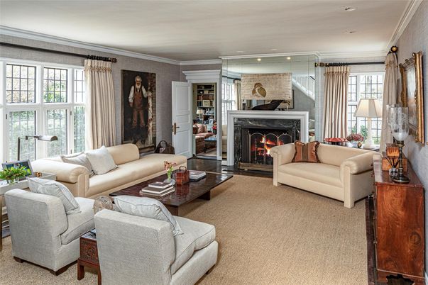 Fireplace, Interior, Living room, Recessed Lighting, Stone Walls