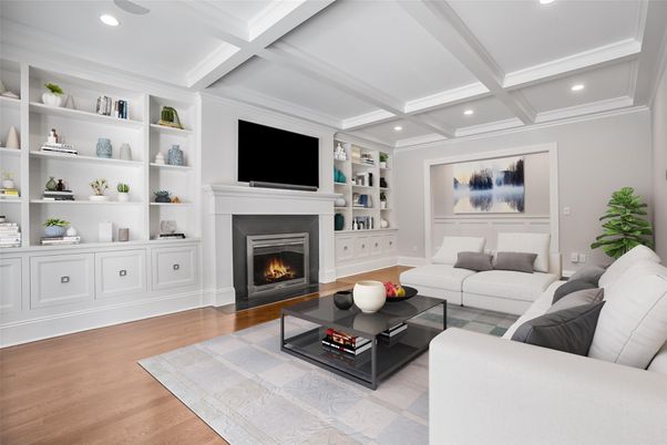 Fireplace, Interior, Living room, Recessed Lighting, Wood Texture Flooring