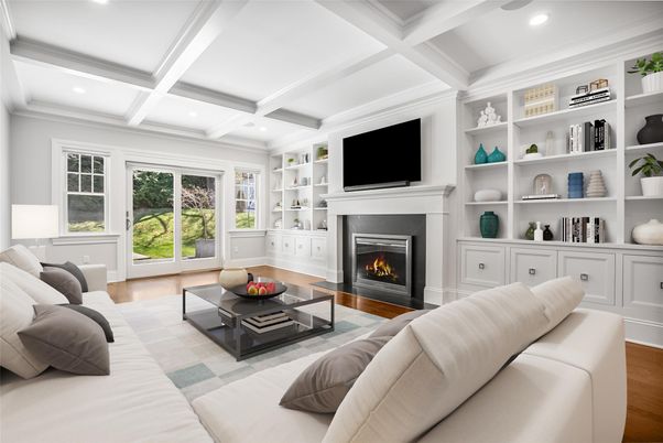 Fireplace, Interior, Living room, Recessed Lighting, Wood Texture Flooring
