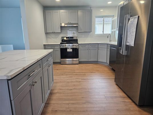 Interior, Kitchen, Recessed Lighting, Stainless Steel Appliances, Wood Texture Flooring