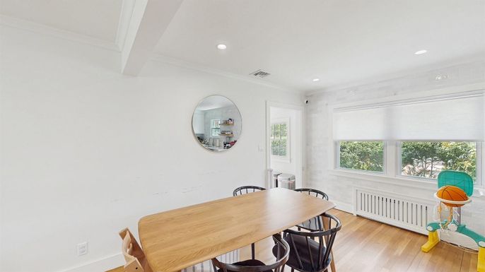 Dining room, Interior, Recessed Lighting, Wood Texture Flooring