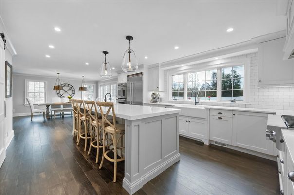 Dining room, Interior, Kitchen, Pendant Lights, Recessed Lighting, Stainless Steel Appliances, Wood Texture Flooring