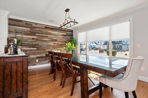 Dining room, Interior, Pendant Lights, Wood Texture Flooring, Wooden Walls