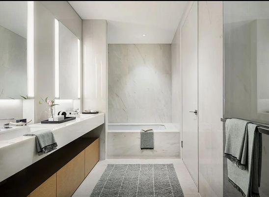 Bathroom, Glass Shower, Interior, Marble Walls, Recessed Lighting