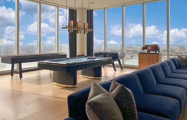 Billiard Table, Game Room, Interior, Living room, Pendant Lights, Wood Texture Flooring