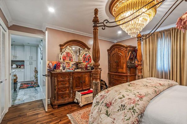 Bedroom, Chandelier, Interior, Marble, Recessed Lighting, Wood Texture Flooring