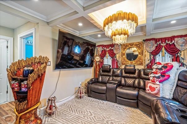 Chandelier, Home Theatre Room, Interior, Living room, Recessed Lighting, Wood Texture Flooring