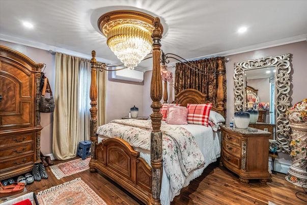 Bedroom, Chandelier, Interior, Recessed Lighting, Wood Texture Flooring