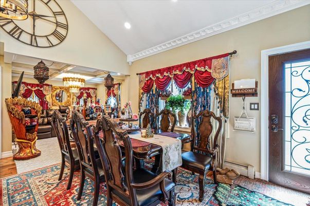 Chandelier, Dining room, Interior, Recessed Lighting, Wood Texture Flooring