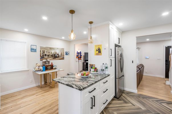 Interior, Kitchen, Pendant Lights, Recessed Lighting, Wood Texture Flooring