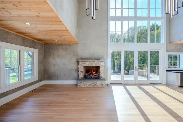 Fireplace, Interior, Recessed Lighting, Wood Texture Flooring