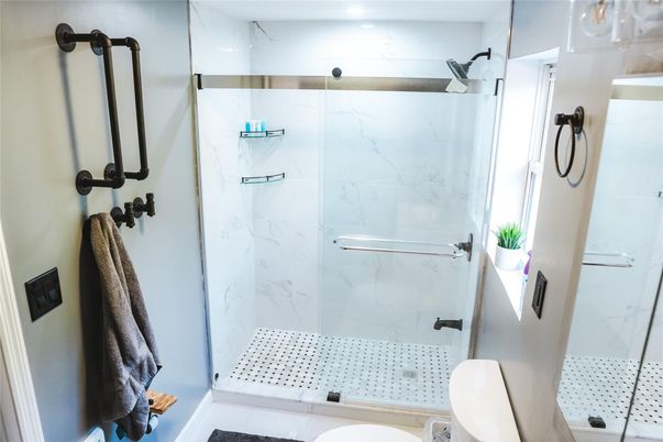Bathroom, Glass Shower, Interior, Marble Walls
