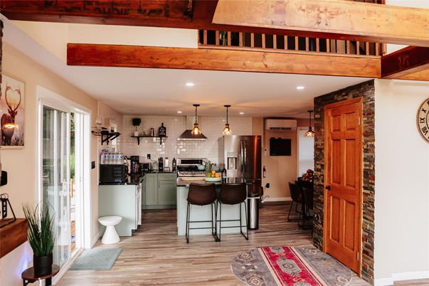 Interior, Kitchen, Pendant Lights, Recessed Lighting, Stainless Steel Appliances, Wooden Beams, Wood Texture Flooring