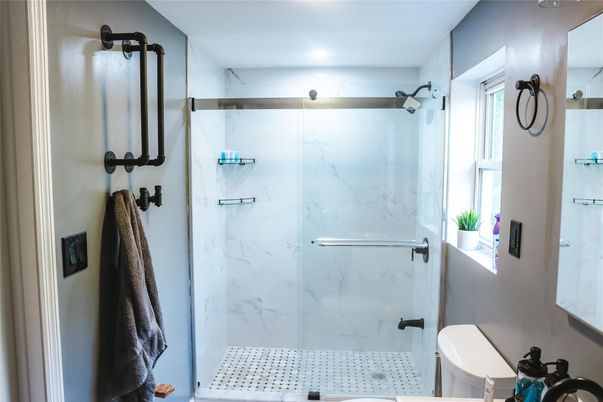 Bathroom, Glass Shower, Interior, Marble Walls, Recessed Lighting