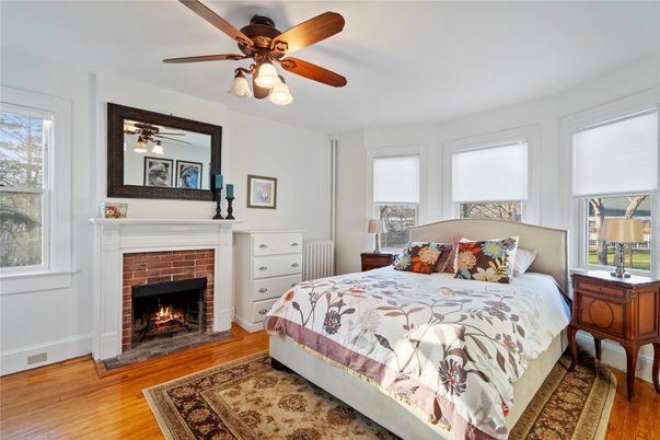 Bedroom, Fireplace, Interior, Wood Texture Flooring