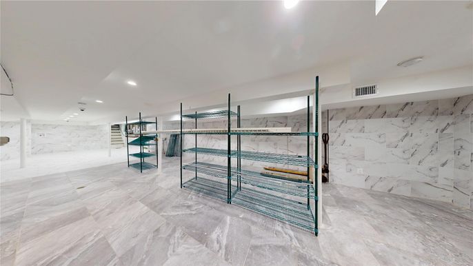 Bathroom, Glass Shower, Interior, Marble, Marble Walls, Recessed Lighting