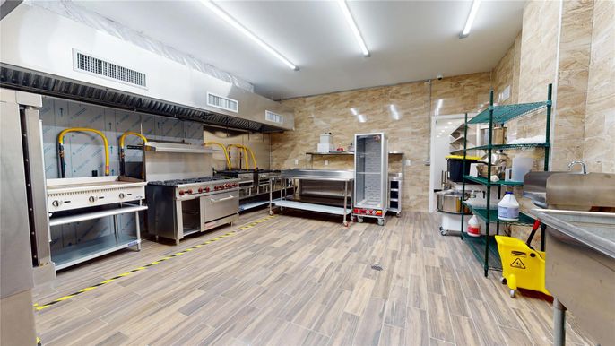 Interior, Kitchen, Stainless Steel Appliances, Stone Walls, Wood Texture Flooring