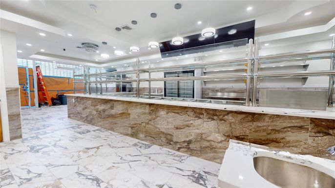 Interior, Kitchen, Marble, Pendant Lights, Recessed Lighting, Stainless Steel Appliances